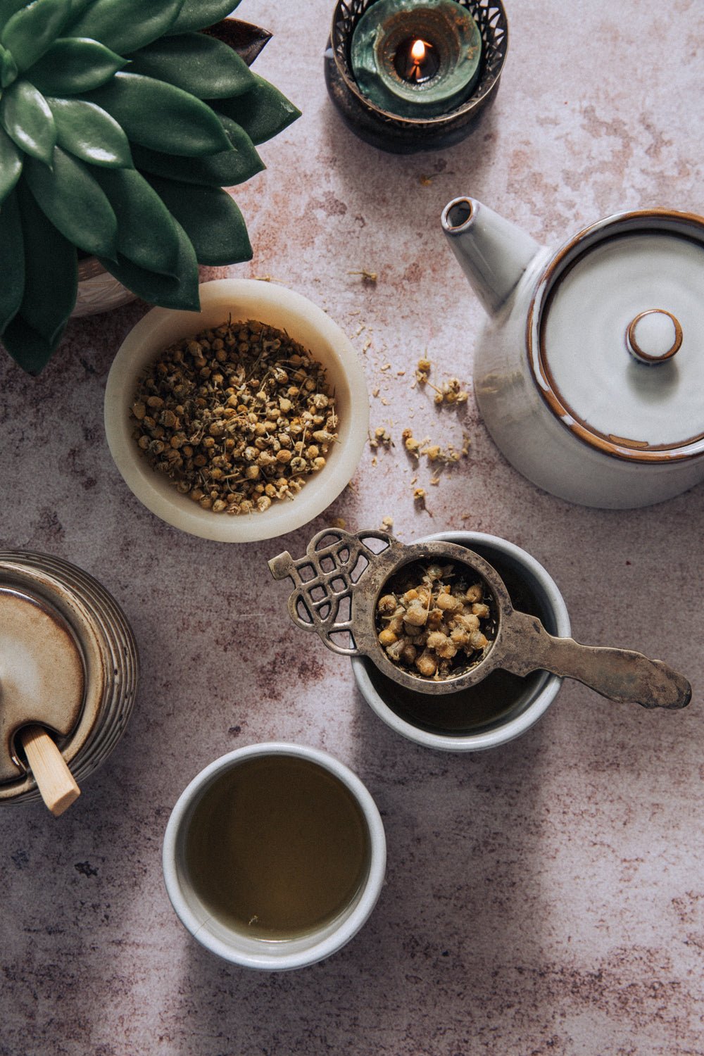 Rustic stone photography surface with plant, tea and honey