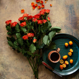 Bella Food Photography Background with flowers, kumquats and cup of coffee