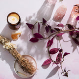 Betty Food and Product Photography Background with plants, a candle, crystals and smudge stick
