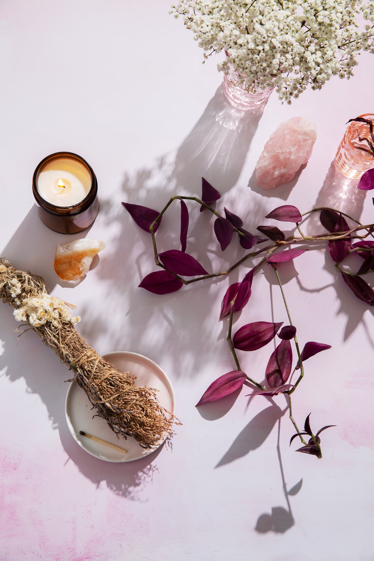 Betty Food and Product Photography Background with plants, a candle, crystals and smudge stick
