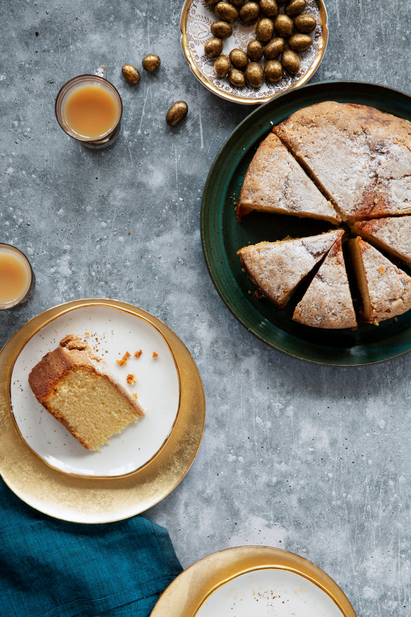 Cal Food Photography Background with bowl of coffee cake and chocolate almonds