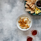 Clay Food Photography Background with hummus and pita