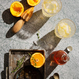Forest Food Photography Background with oranges and cocktails