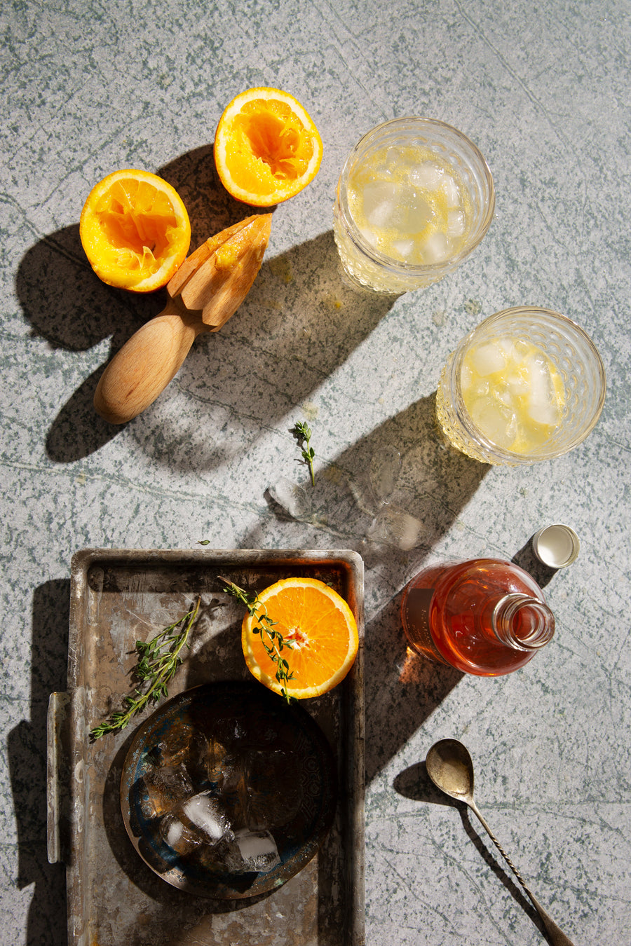 Forest Food Photography Background with oranges and cocktails