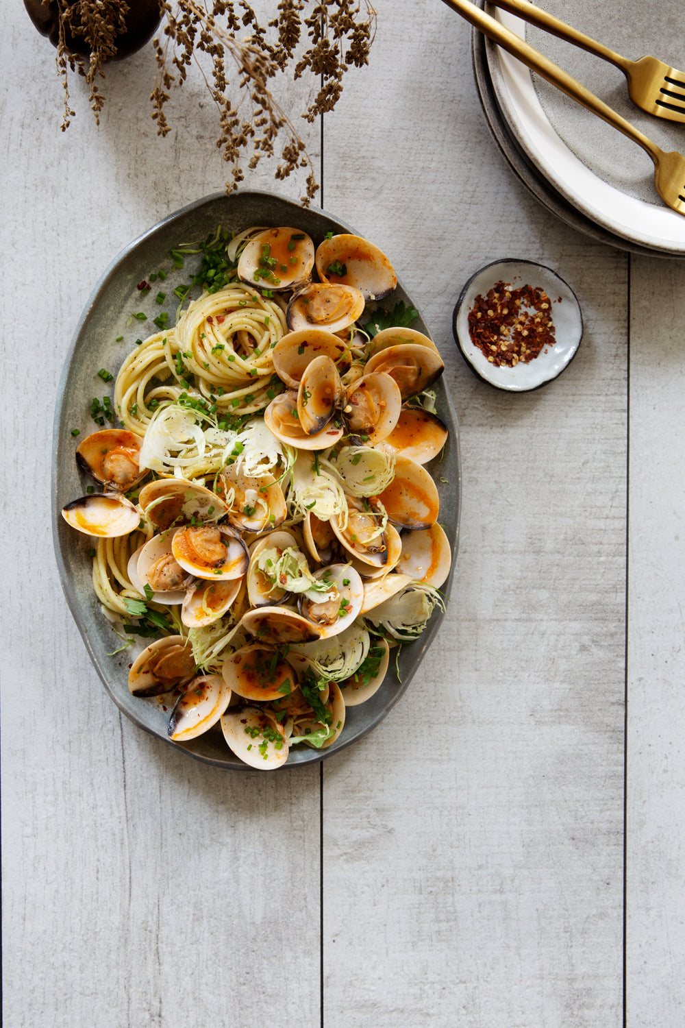 Jane Food Photography Background with pasta and clams