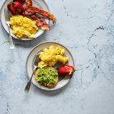 June Food Photography Background with eggs, bacon, toast and berries
