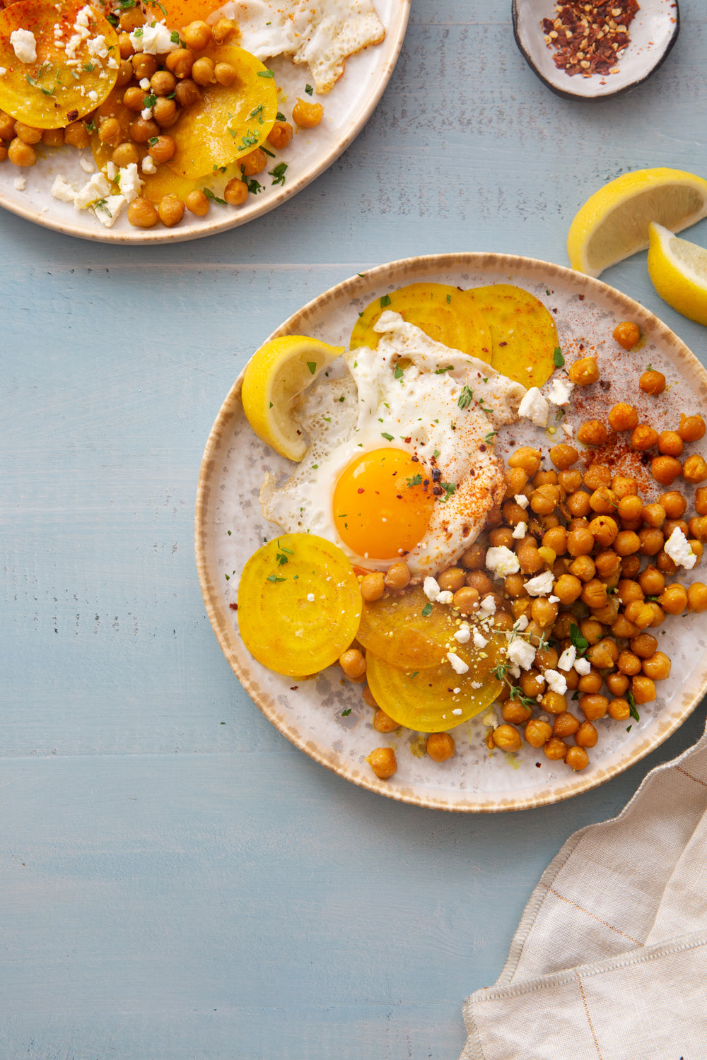 Pearl Food Photography Background with eggs, beets and chickpeas