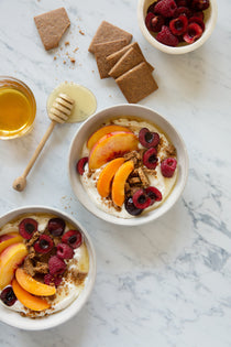 Simone Food Photography Background with yogurt, cookies, fruit and honey