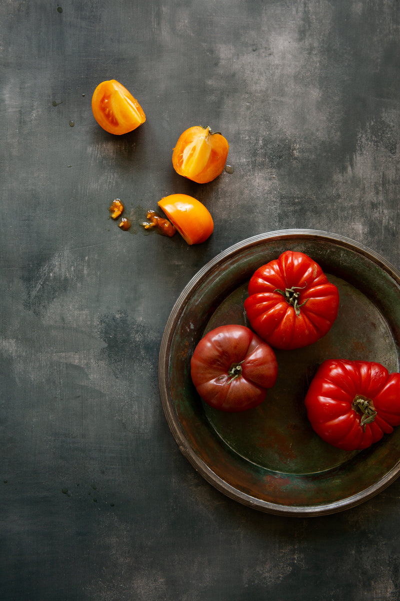 Ash Food Photography Background with heirloom tomatoes