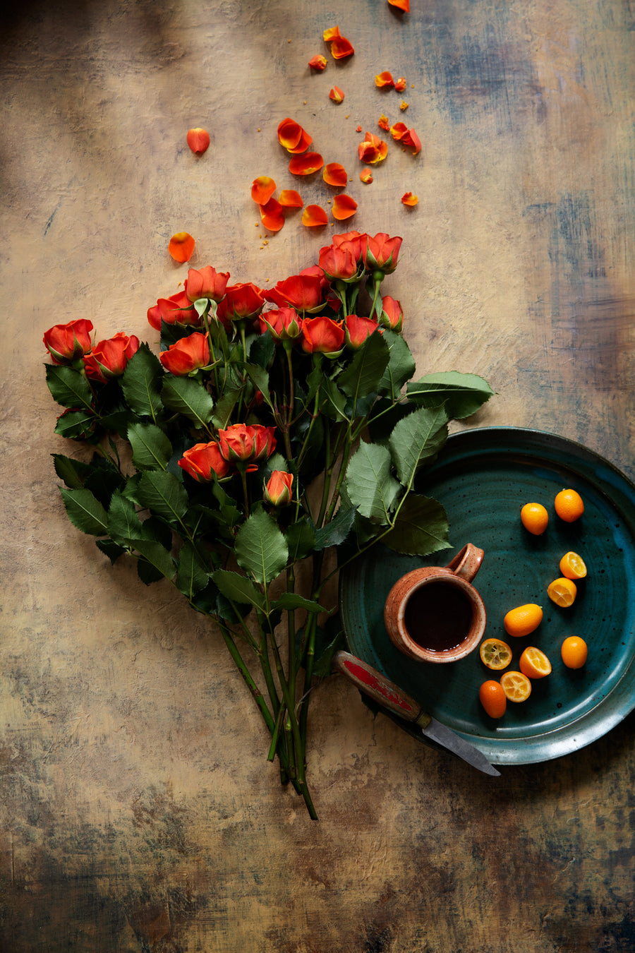Bella Food Photography Background with flowers, kumquats and cup of coffee