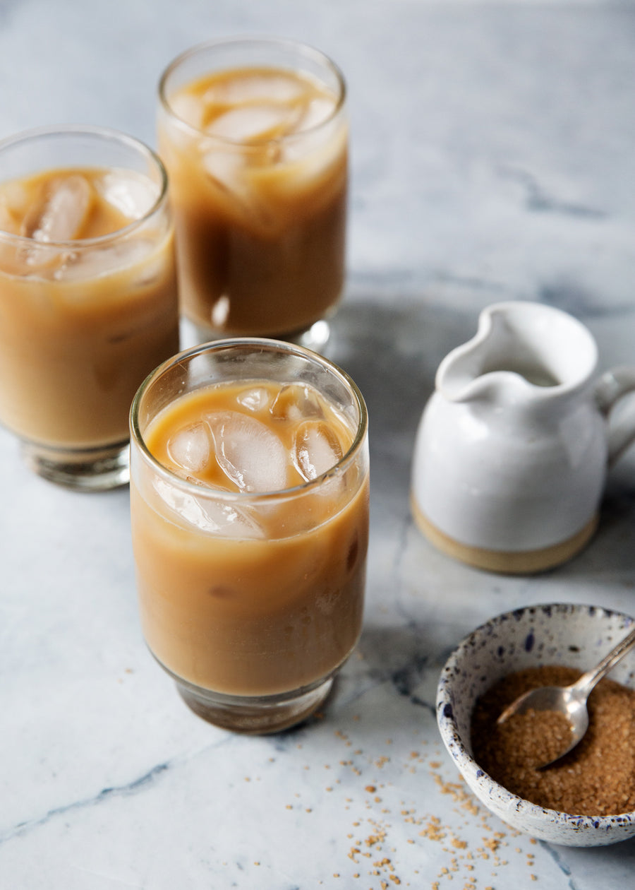 Marble photography surface with iced coffee