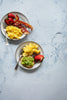 June Food Photography Background with eggs, bacon, toast and berries