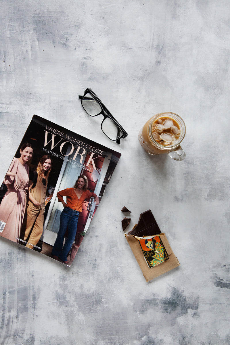 Otis Food Photography Background with iced coffee, chocolate and magazine