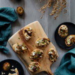 Sanford Food Photography Background with mushroom crostini and plums