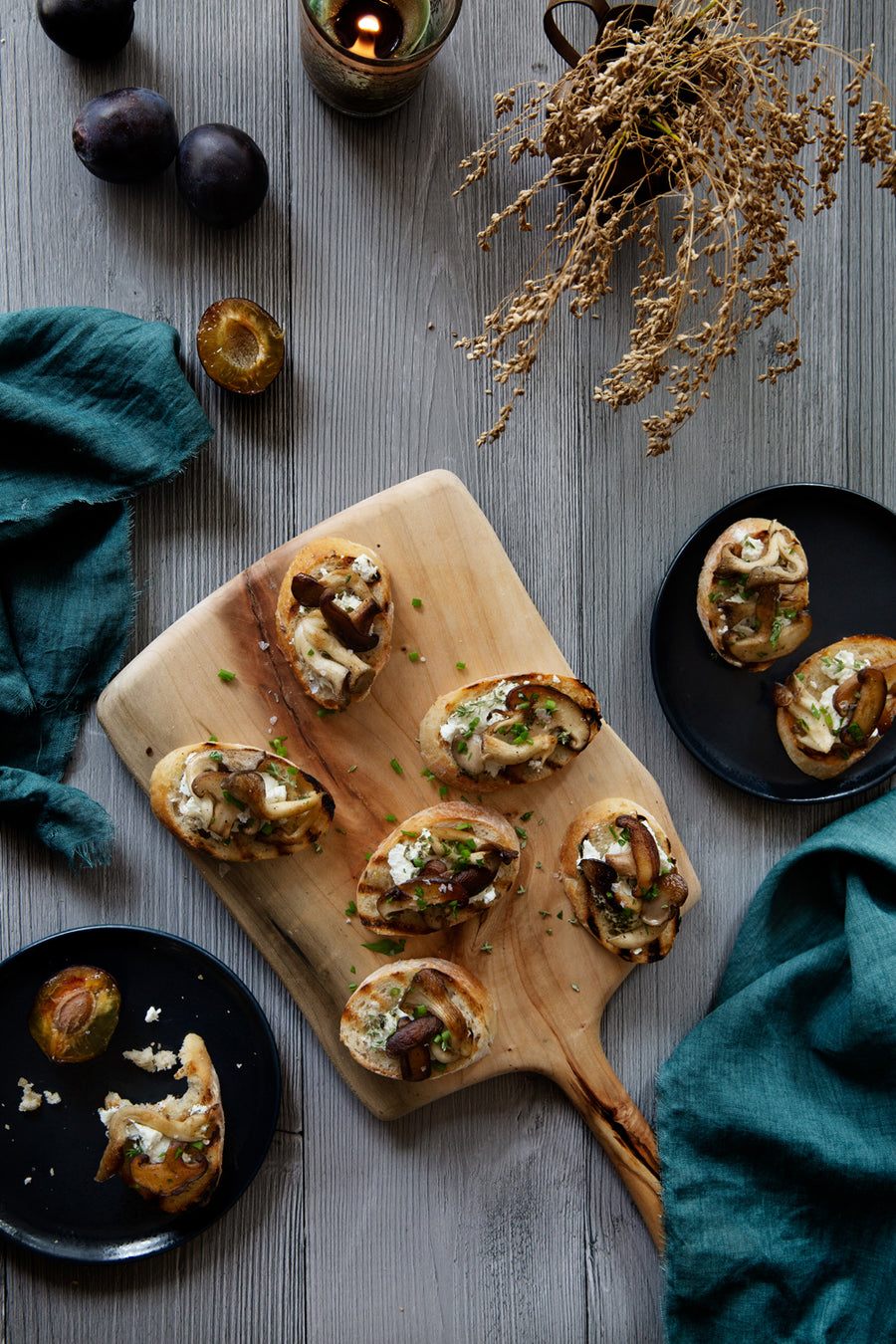 Sanford Food Photography Background with mushroom crostini and plums